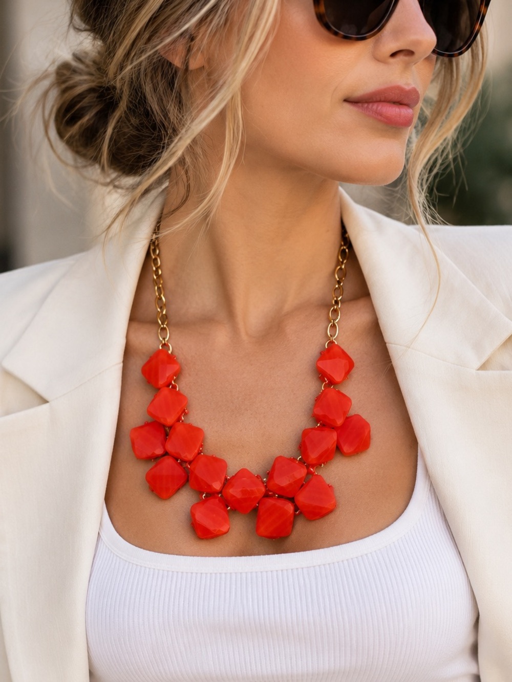 Bright Coral Persimmon Faceted Statement Necklace Gold Tone